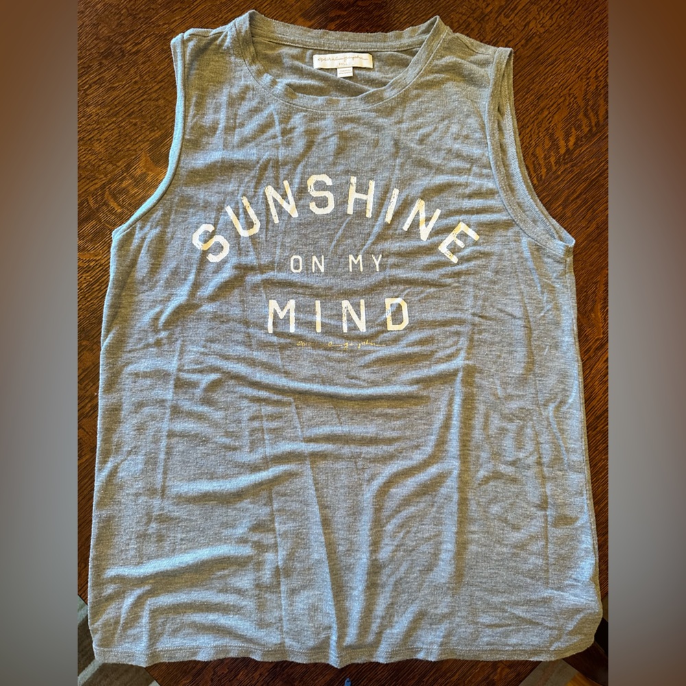 SPIRITUAL GANGSTER sleeveless shirt, size small. Gray/light blue color